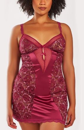 iCollection Two-Toned Lace & Satin Chemise Set in Wine at Nordstrom, Size 1X
