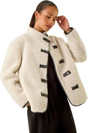 Roman Womens Petite Borg Contrast Button Coat - Stone - Size 12 UK