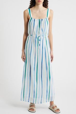 Cloth & Stone Vertical Stripe Pleated Tie Waist Midi Dress in Sea Glass Brush Stroke at Nordstrom, Size X-Large