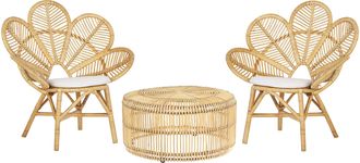 Beliani Conjunto De Balc&oacute;n Rat&aacute;n Beige Natural 1 Mesa 2 Sillas Cojines Florentine/limni