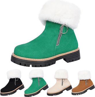 Generic Suede Snow Boots for Womens Winter Thick Warm Faux Fur Lined Ankle Boots with Side Zipper Ladies Insulated Chunky Low Heel Anti-Slip Rubber Short Boot