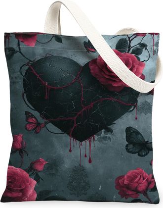 Generic Gothic Floral Canvas Tote Bags, Dark Rose Heart Design Reusable Grocery Bags, Vintage Artistic Lightweight Washable Shoulde, Black, 13x15 Inch