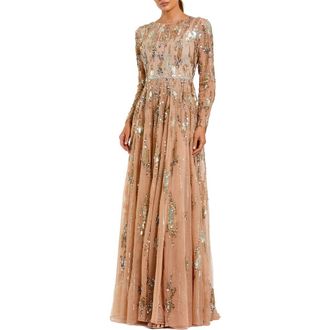 Mac Duggal Womens Long Sleeve Mesh Embellished Evening Gown in Taupe at Nordstrom, Size 14