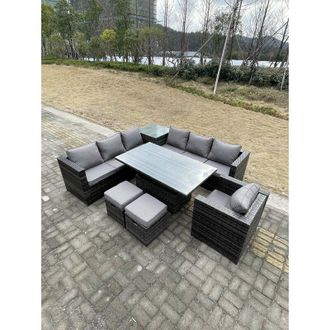 Fimous Fimous 9 Seater PE Rattan Corner Sofa Set Rising Adjustable Dining Table Set High Side Coffee Table With Arm Chair Stools