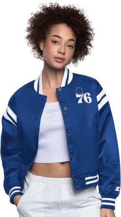Starter Womens Starter Royal/White Philadelphia 76ers Full Count Satin Full-Snap Varsity Jacket at Nordstrom, Size X-Large