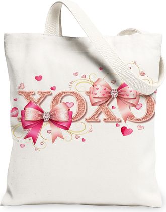 Generic ValentineS Day Hearts Canvas Tote Bags, Cute Bow Pattern Reusable Grocery Bags, Lightweight Washable Shoulder Strap Canvas, White, 13x15 Inch