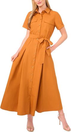 Ted Baker Box Pleat Tie Belt Cotton Maxi Shirtdress in Honey Ginger at Nordstrom, Size Medium