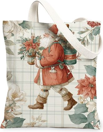Generic Vintage Santa Canvas Tote Bags, Holiday Floral Pattern Reusable Shopping Bags, Lightweight Washable Shoulder Strap Canvas F, Multicolor, 13x15 Inch