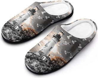 Generic Black And White Lighthouse Cotton Slipper for Women Indoor Outdoor House Shoes Anti-Skid Slippers with Rubber Sole