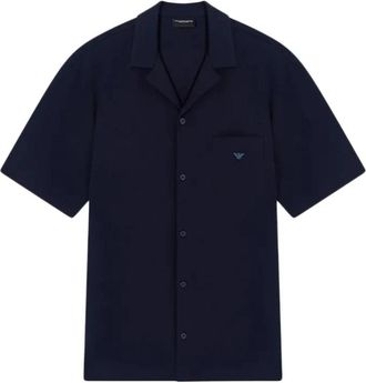 Emporio Armani Loungewear Seersucker Jersey Shirt - Heren - Korte mouwen Overhemden - Blauw - S - Overhemden