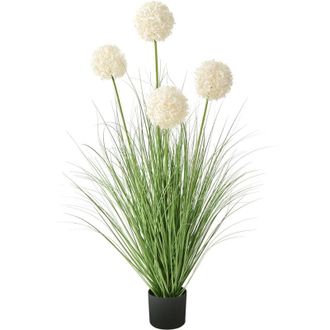 Beliani Planta Artificial En Maceta Para Interior Decoraci&oacute;n De Pl&aacute;stico Con Maceta Negra 120 Cm Bola De Nieve Hojas Verdes Y Flores Blancas Snowball Bush