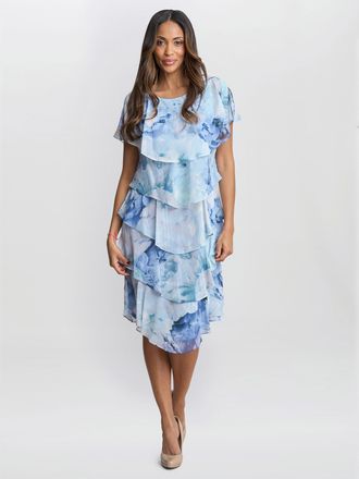 Gina Bacconi Womens Rosanna Printed Tiered Dress With Shoulder Embellishment - Blue - Size 20 UK