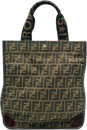 Fendi Zucchino Black Brown Dark Brown Zucchino Canvas Leather Tote Bag (Pre-Owned)