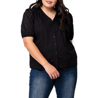 Gibsonlook Puff Sleeve Button Front Pin Dot Blouse in Black at Nordstrom Rack, Size Large