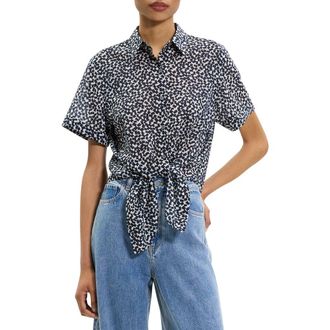 Theory Geometric Tie Front Button-Up Shirt in Navy Multi at Nordstrom Rack, Size Small