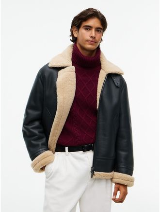 Tommy Hilfiger Mens New York Label Shearling Leather Aviator Jacket - Black - M