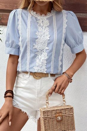 Azura Exchange Womens Lace Trim Short Sleeve Blouse - Light Blue - Size Large