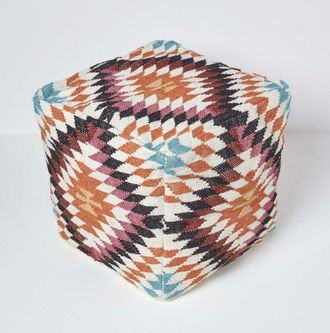 Homescapes Homescapes - Manila Orange and Pink Kilim Footstool Handwoven Beanbag Pouffe 43 x 43 cm