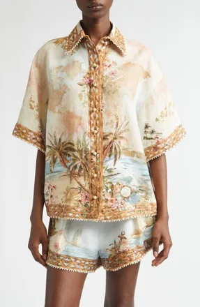 Zimmermann Mahon Print Linen Button-Up Shirt in Island Map Blue at Nordstrom, Size 3