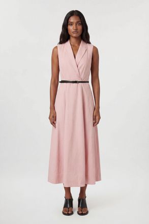Karen Millen Womens Premium Viscose Linen Tailored Belted Full Skirted Midi Dress - Light Pink - Size 14 UK
