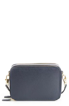 Royce Leather Personalized Leather Crossbody Camera Bag in Navy Blue- Silver Foil at Nordstrom