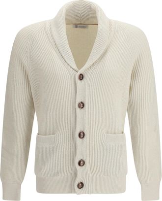 Brunello Cucinelli Mens Cardigan Ribbed Cotton Panama Sweater