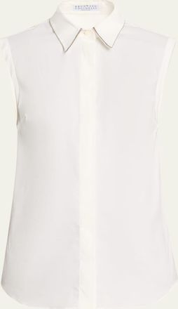 Brunello Cucinelli Cotton Poplin Sleeveless Top With Monili Trim
