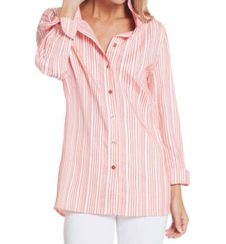 Multiples Wire Collar Stripe Blouse In White/coral