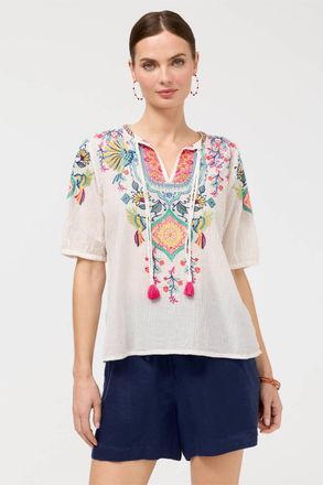 Johnny Was Margot Short Sleeve Blouse In Navy Grey Stripe