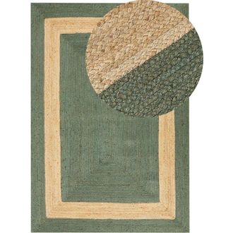 Beliani Alfombra De Yute Natural Con Patr&oacute;n Geom&eacute;trico Verde Estilo Boho 160 X 230 Cm Karakuyu