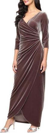 Alex Evenings Ruched Three-Quarter Sleeve Velvet Gown in Mink at Nordstrom Rack, Size 18 (Similar To 14W)