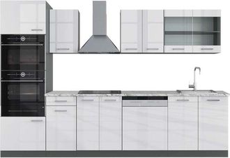 Vicco Mueble de cocina R-Line, Blanco brillo/antracita, 300 cm con armario alto, et Mármol