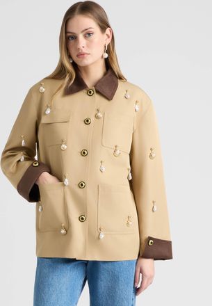 NVLT Womens Jacket with Sueded Trims and Pearl Charms