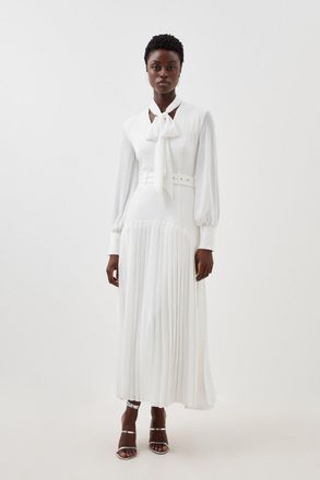 Karen Millen Womens Jersey Ponte Georgette Mix Midi Dress - White Viscose - Size Small