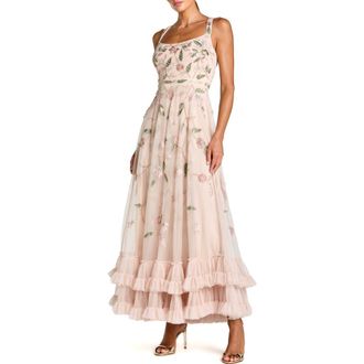 Mac Duggal Ruffle Midi Dress with Floral Embroidery in Porcelain at Nordstrom, Size 10