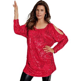 Roaman's Cold-Shoulder Sequin Tunic in Vivid Red at Nordstrom, Size 32