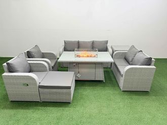 Fimous PE Rattan Garden Furniture Set Reclining Chair Sofa Double Love Seat 2 Seater Sofa Lounge Set Firepit Dining Table Big Footstool Side Table