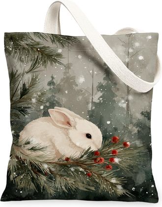 Generic Winter Rabbit Canvas Tote Bags, Nature Forest Pattern Reusable Shopping Bags, Cozy Rustic Lightweight Washable Shoulder Strap Canvas 13x15 Inch