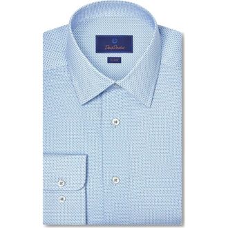 David Donahue Trim Fit Geometric Stretch Cotton Dress Shirt in Sky at Nordstrom, Size 15.5 - 32