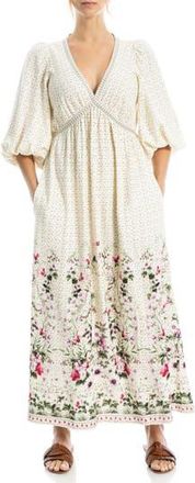 Max Studio Puff Sleeve Plunge Neck Midi Dress in Cream/Pink Wild Meadows at Nordstrom Rack, Size X-Small