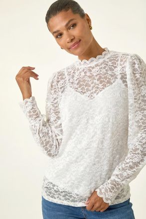 Roman Lace Frill High Neck Stretch Top