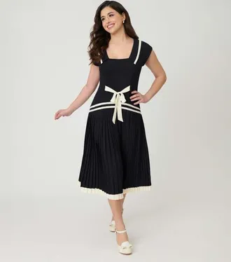 Unique Vintage Pleated Flapper Day Dress in Black W/White Ribbon at Nordstrom, Size X-Large