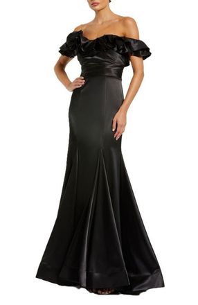 Mac Duggal Satin Ruffle Off the Shoulder Mermaid Gown in Black at Nordstrom, Size 12
