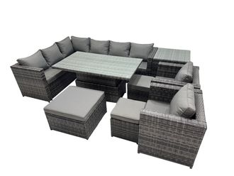 Fimous 11-seater Rattan Garden Furniture Dining Set with 3 Stool Side Table in Dark Grey