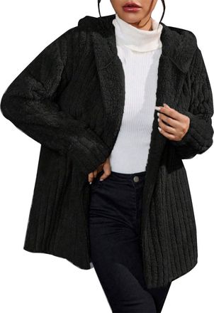 Generic Womens Fleece Jacket Warm Winter Teddy Jacket Soft Borg Coat Hooded Sweatshirt with Buttons and Pockets Loose-Fitting Sherpa Cardigan Outerwear Black 