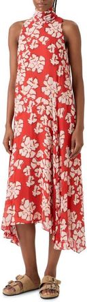 Akris Papercut Floral Mock Neck High-Low Georgette Dress in Red-Cream at Nordstrom, Size 12