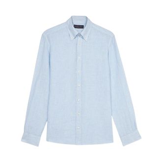Brooks Brothers Lichtblauw gestreept linnen casual overhemd - Heren - Casual Overhemden - Blauw - 3XL - Linnen - Overhemden