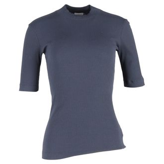 Brunello Cucinelli Ribbed Mock Neck Top in Blue Cotton