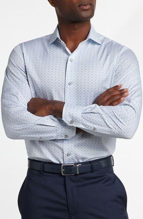 David Donahue Neat Print Sport Shirt in White/Sky at Nordstrom, Size Xx-Large