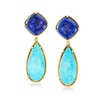 Ross-Simons Lapis and Turquoise Drop Earrings in 18kt Gold Over Sterling